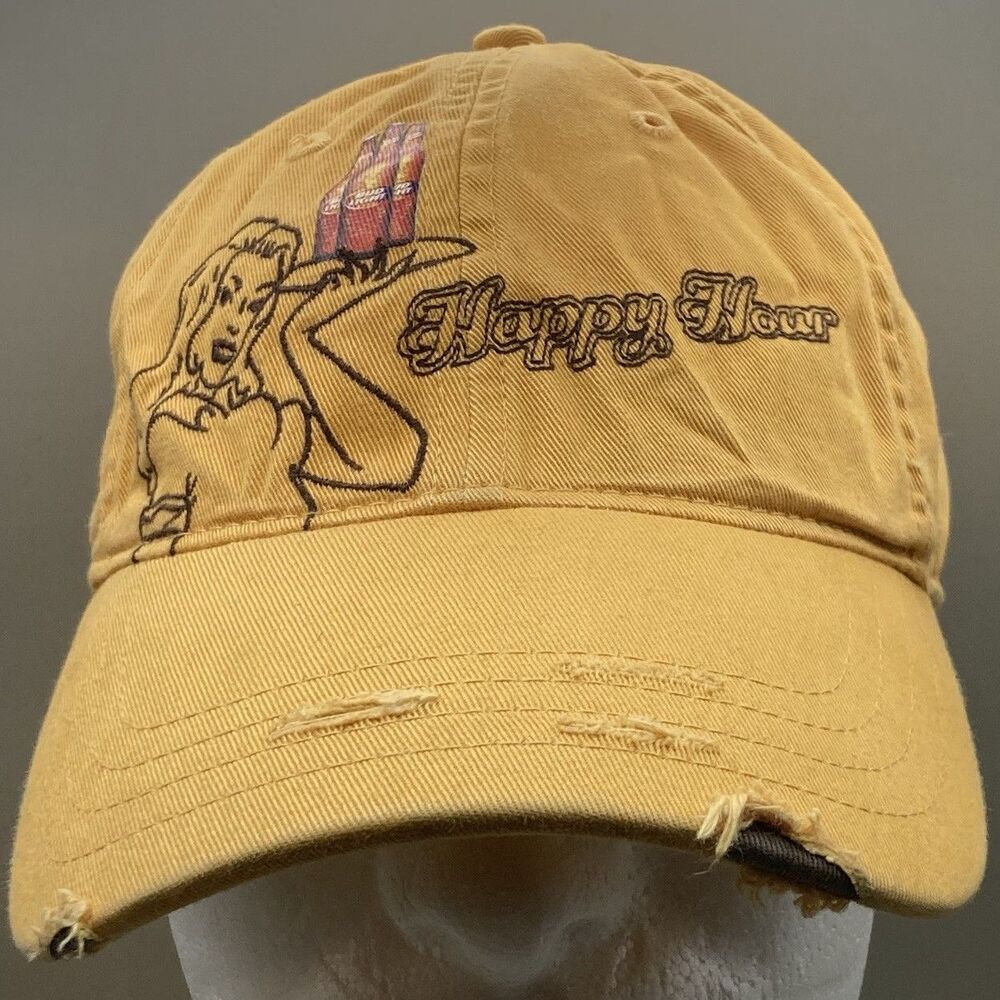 Happy Hour Beer Bud Light Yellow OS Adjustable Distressed Cap Hat